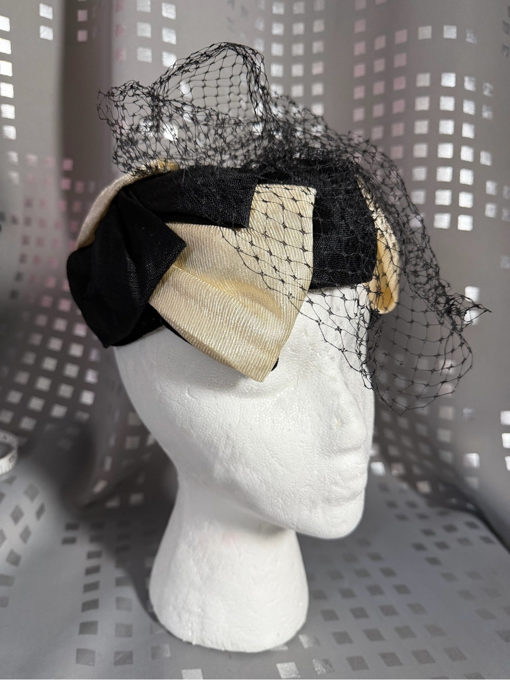 Vintage Black and Cream Fascinator Pillbox Hat with Birdcage Veil
